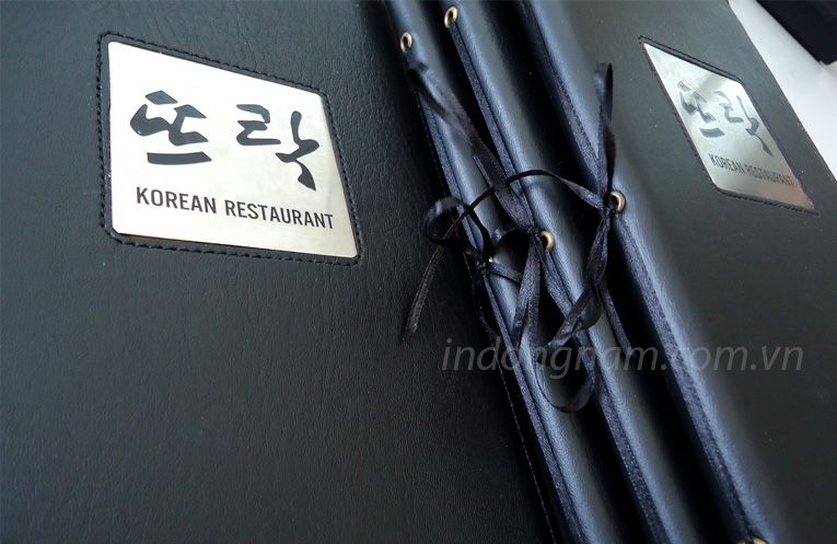 Thiết kế menu nhà hàng Hàn Quốc bìa da logo inox ăn mòn